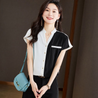 夏装新款2022高级感衬衣职业雪纺撞色短袖气质上衣