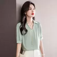 夏装新款珍珠V领短袖衬衣