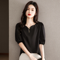 真丝纯色高端气质衬衣短袖小衫2022夏装百搭小众衬衣呢