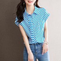 真丝衬衫女设计感优雅宽松雪纺衫条纹翻领短袖2022夏新款