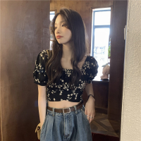 刺绣碎花方领短袖衬衫女韩系气质小个子绑带上衣