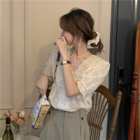 法式V领气质衬衫女宽松拼接蕾丝花边短袖纯色上衣