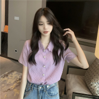 紫色褶皱雪纺短袖衬衫女设计感小众珍珠扣上衣潮