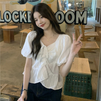 设计感小众法式别致短款方领上衣复古泡泡袖衬衫
