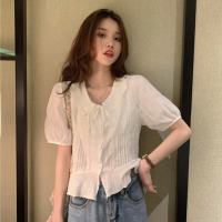 韩版夏季新款复古俏皮法式衬衫百搭系带短袖上衣