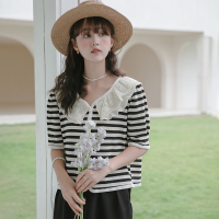 蕾丝拼接娃娃领上衣女夏季新款条纹T恤法式复古设计感开衫