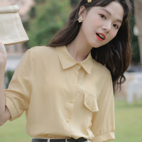 2022夏季新款港风复古短袖上衣百搭宽松纯色衬衣女