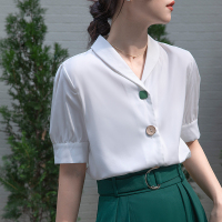 2022新款雪纺衬衫女法式复古时尚气质港风职业通勤V领白衬衫