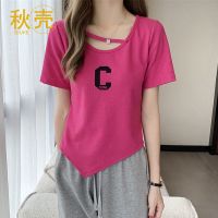 秋壳大码女装胖mm2022洋气时尚显瘦遮肚子短袖t恤上衣女