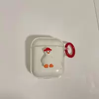 卡通清新小鸭子苹果AirPods1/2代无线蓝牙耳机透明硅胶套情侣款潮 AirPods1/2代 透明红帽小鸭子加配件