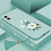 苹果11手机壳镜头全包防摔苹果11promax时尚直边液态硅胶侧边打图 侧边打图-淡青色-茉莉花-赠膜+流梳 苹果11