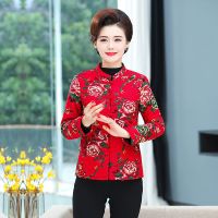妈妈秋冬装大码短款民族风棉衣外套中老年女休闲洋气棉麻唐装棉服 红色 好面料版 XL[建议体重90斤-105斤]