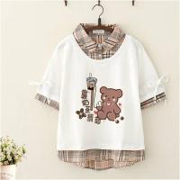 棉日系少女polo衫港风短袖t恤女ins潮宽松韩版学生森女假两件上衣 白色 XS 50-75斤