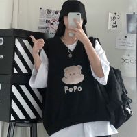 夏季2021新款印花韩版ins无袖背心马甲宽松短袖t恤女学生两件套潮 po熊黑色马甲 只有马甲 S