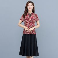 2021夏季新款中老年假两件连衣裙妈妈装民族风盘扣印花连体旗袍裙 红碎花 XL 105斤一下