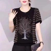 夏新款金丝拼接短袖t恤洋气烫钻宽松大码遮肚小衫妈妈装上衣服薄 金色发财树 xl建议90-110斤