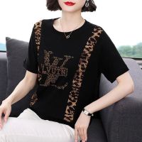 中年大码减龄t恤女装新款2021夏季妈妈显瘦宽松豹纹短袖上衣小衫 黑色[小边豹纹] L 建议95-