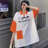软妹polo衫短袖T恤女2021宽松韩版潮ins原宿风古着oversize上衣服 橘色领 M
