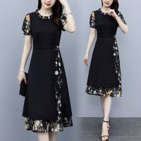 雪纺拼接连衣裙女2021夏装新款流行大码女装胖mm修身显瘦气质裙子 335-图片色 [主播推荐款] M 建议[85-10