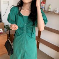 2021夏季新款法式复古气质减领收腰方领泡泡袖中长款温柔连衣裙女 绿色 收藏关注优先发货 S 收藏关注优先发货