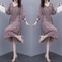 紫色连衣裙女夏装2021新款碎花宽松收腰显瘦气质大码胖MM孕妇裙子 紫色 S[建议85-90斤]