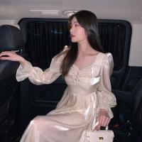 大码胖妹妹收腰显瘦遮肚连衣裙春秋新法式复古方领泡泡袖仙女裙子 香槟色长袖 M