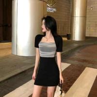 方领连衣裙黑色赫本风法式复古桔梗网纱泡泡袖修身显瘦包臀鱼尾裙 9958黑色 M