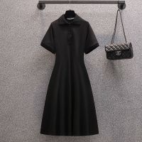 大码女装夏装2021新款胖mm200斤遮肚polo泡泡袖连衣裙长款 黑色 M 体重95-120斤
