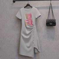 微胖女孩夏季大码时尚显瘦短袖t恤裙子不规则开叉遮肉减龄连衣裙 灰色 XXS 建议10斤以内