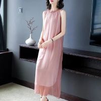 2021夏季新款大码真品质丝滑连衣裙洋气舒适宽松显瘦无袖背心长裙 粉红色 4XL 145-160斤