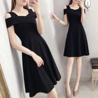 2021夏季微胖妹妹时尚潮流方领设计a字裙气质显瘦收腰泡泡袖裙子 6204黑色 XXL建议140-160斤