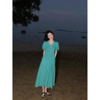 鹭青一苏菲公主 泡泡袖收腰连衣裙女2021秋季新款法式复古V领长裙 显白蓝绿色 S