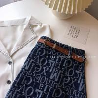 牛仔裙2021早春新款女装复古字母修身显瘦高腰a型短裙包臀半身裙 深蓝色 S 建议80-95斤