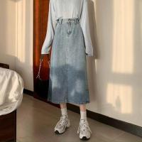 后开叉牛仔半身裙女中长款a型2021夏季新款宽松遮胯显瘦高腰裙子 蓝色 S