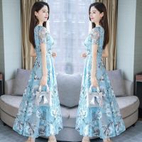 2022新款雪纺印花连衣裙夏V领长款女时尚显瘦洋气韩版大码沙滩裙 蓝色 808# S [80-96斤]