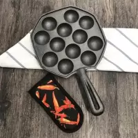 家用DIY章鱼小丸子锅铸铁章鱼烧烤盘无涂层不粘锅虾扯蛋鱼丸模具 锅(12孔)+手柄套