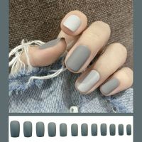 显白磨砂穿戴甲跳色质感假指甲双色美甲成品防水持久可拆卸反复用 523浅双灰跳色中长款