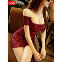 超性感一字肩露肩包臀连衣裙齐屁修身漏胸显胸裹胸夜店低胸超短裙 图片色 S (80~95斤适穿)