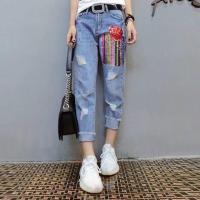 单件/套装 欧洲站2021夏季亮片短袖t恤+破洞牛仔裤套装时尚两件套 单裤子[牛仔裤] S 建议80-95斤