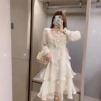 2021早春新款甜美气质优雅名媛显瘦法式珠光烫钻连衣裙子女蛋糕裙 图片色(长款) S 建议85-95斤左右