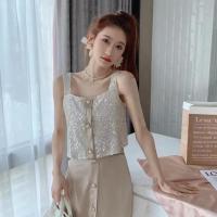 时尚套装女洋气2021新款夏高档气质亮片短袖上衣半身裙裤子防晒衫 香槟吊带 S