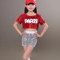 儿童爵士舞服套装亮片啦啦操啦队嘻哈演出服装女男童街舞现代舞服 红色 110