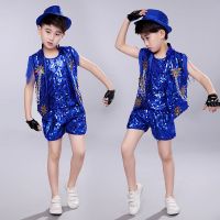 六一儿童爵士舞蹈演出服主持走秀亮片嘻哈街舞台套装表演服架子鼓 蓝色送帽子手套 110