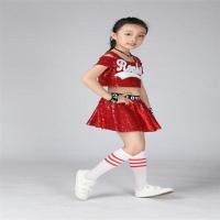 儿童新款爵士舞服男女套装亮片露肩嘻哈服街舞表演服拉拉队演出服 红色 送安全裤 项链 手腕 袜子 100