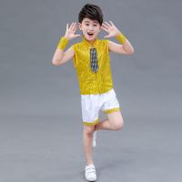 新款儿童亮片演出服现代舞表演服男童舞台套装爵士舞幼儿 B-6黄色 100