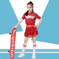 啦啦操拉拉队演出服爵士舞蹈服装小学生现代街舞嘻哈亮片男女套装 红色短袖+裙子 100
