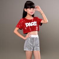 六一儿童爵士舞服套装亮片啦啦操啦队演出服装女男童街舞现代舞服 红色 100