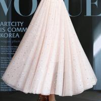 文艺复古高腰星星网纱仙女半身裙女中长款秋冬6米大裙摆a字裙 杏色薄款 S 80-105斤