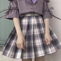两件套装/单件2021夏新款学院风淡雅小清新学生短袖衬衫百褶裙 灰白格裙 S [收藏宝贝=优先发货]
