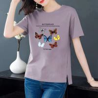 啄木鸟短袖T恤女开叉2021夏季新款女装韩版宽松大码简约印花体恤 藕紫色7只蝴蝶 开叉款 M 80-100斤